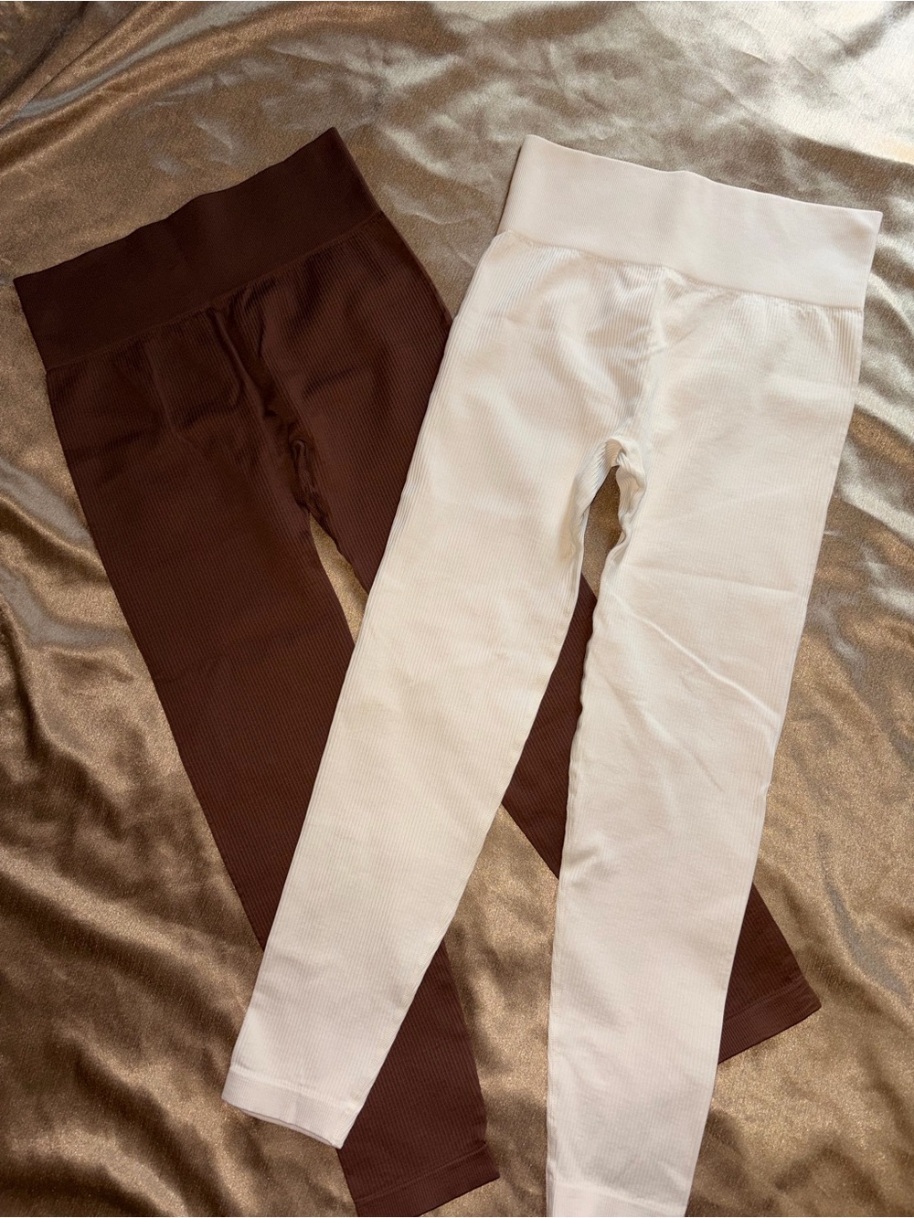 Two pair of  Ribbed Leggings Set - Brown & White